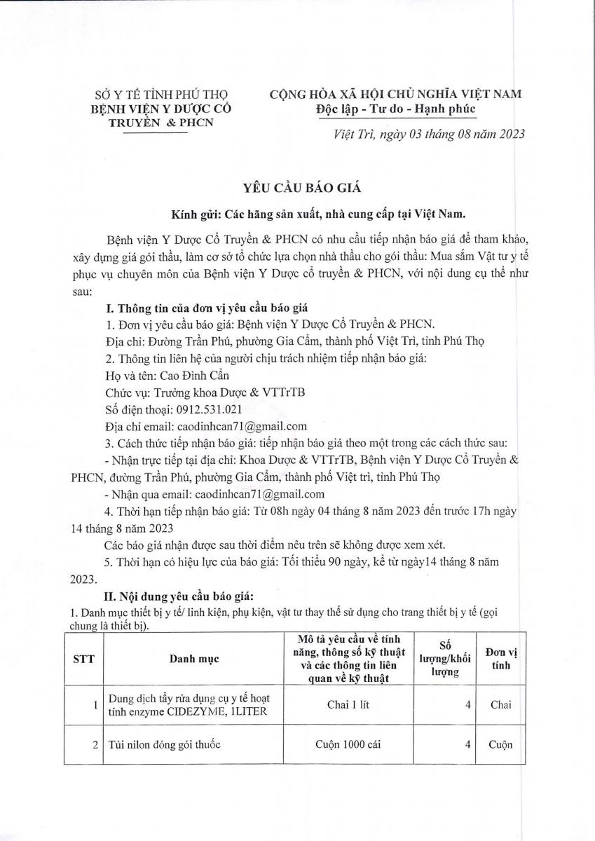 Bệnh viện Y Dược cổ truyền và PHCN Phú Thọ yêu cầu báo giá vật tư 04/08/2023