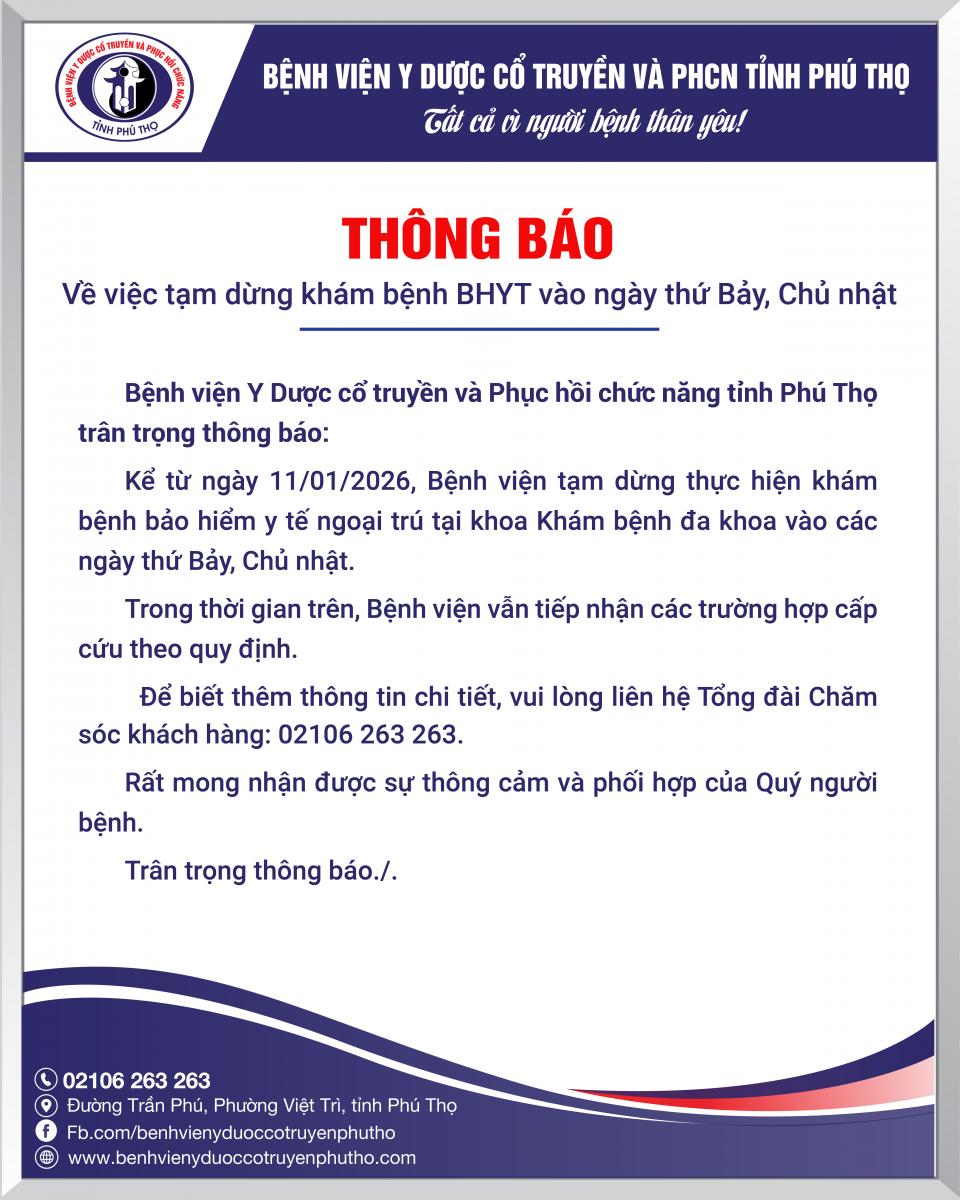 THÔNG BÁO Về việc tạm dừng khám bệnh BHYT vào ngày thứ Bảy, Chủ nhật