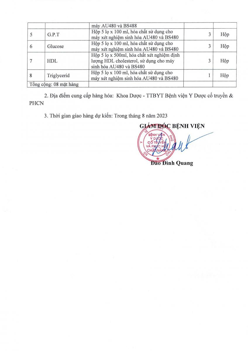 Yêu cầu báo giá một số mặt hàng hoá chất xét nghiệm sinh hoá