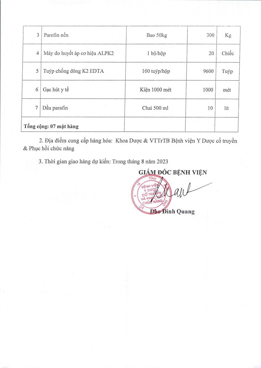 Yêu cầu báo giá vật tư tháng 8 2023