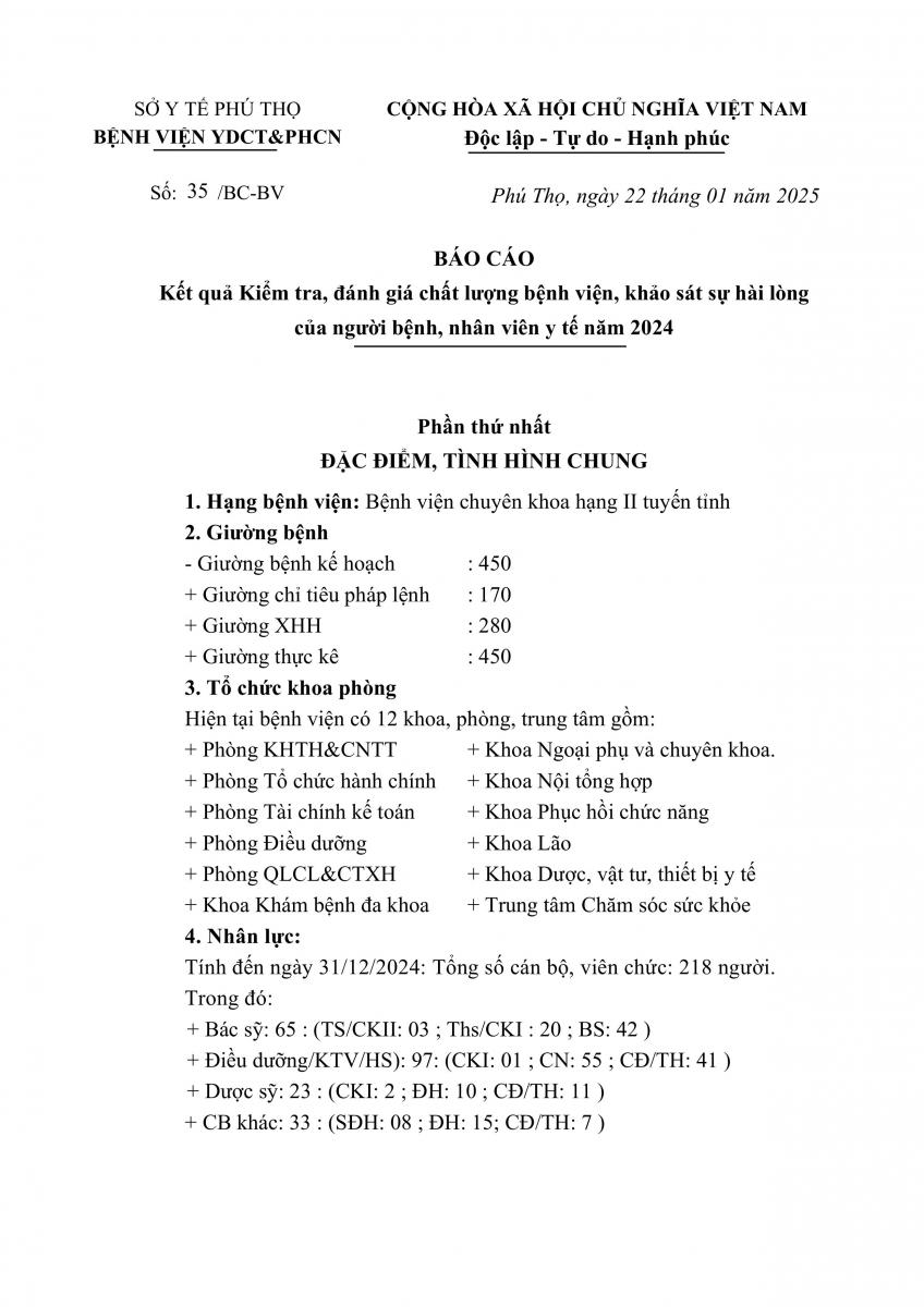 KẾT QUẢ KIỂM TRA, ĐÁNH GIÁ CHẤT LƯỢNG BỆNH VIỆN, KHẢO SÁT SỰ HÀI LÒNG CỦA NGƯỜI BỆNH, NHÂN VIÊN Y TẾ NĂM 2024